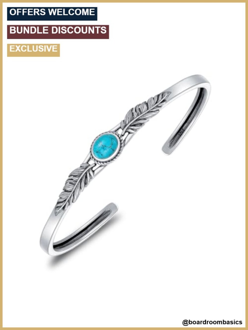 925 Sterling Silver Natural Turquoise Feather Cuff Bracelet Adjustable